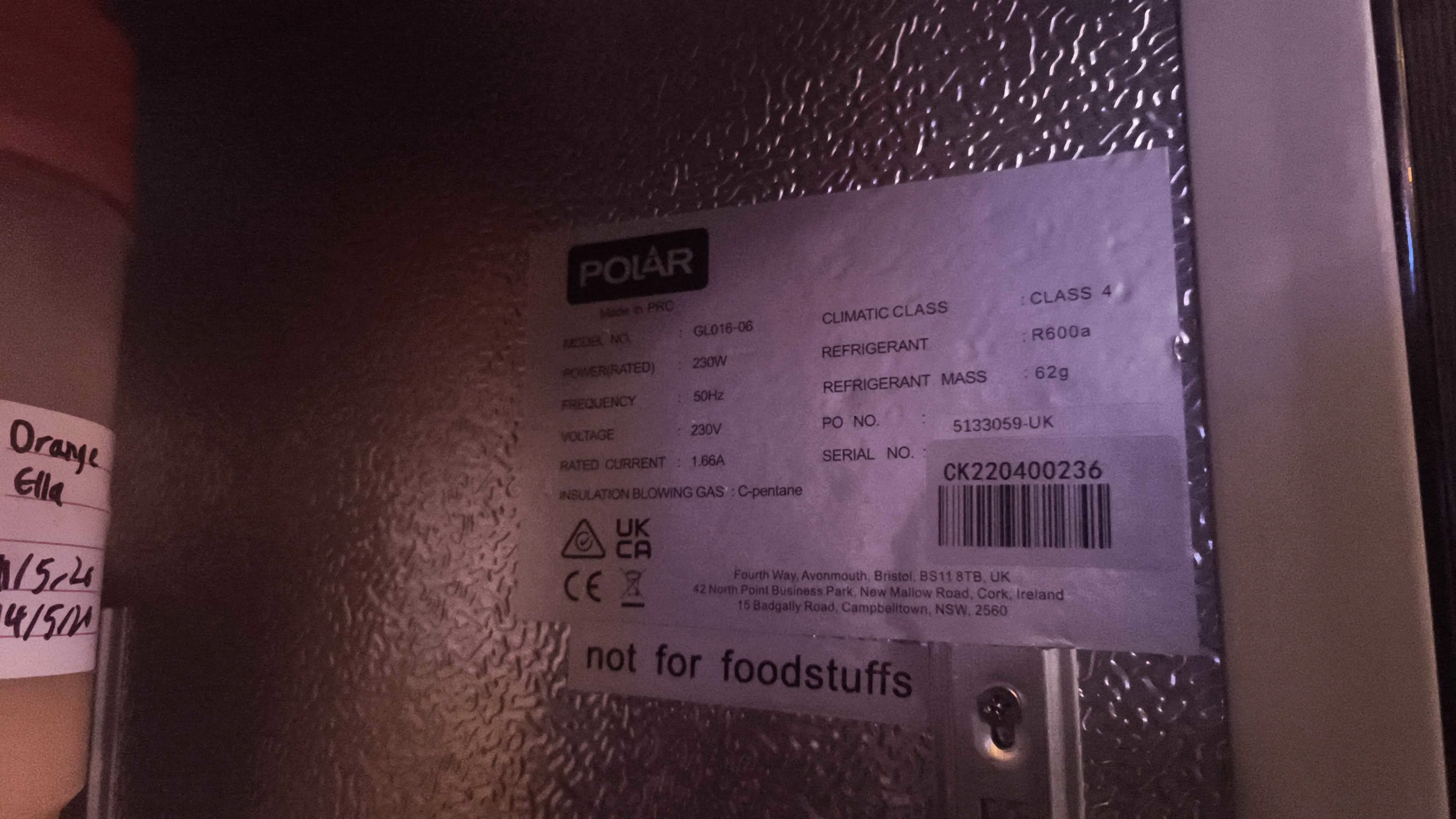 Polar GL016-06 fridge rating label